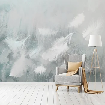 Fotografie Tapet Nordic Simplu Frumoasă Acuarelă Albastru Tapet 3D Pene Albe Murală TV Camera de zi Dormitor Papel De Parede
