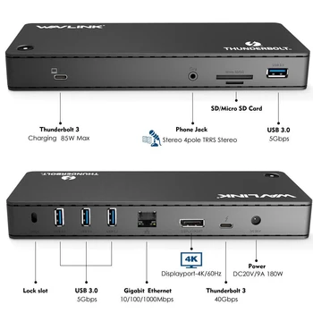 Wavlink Thunderbolt 3 Docking Station 4K@60Hz DisplayPort, USB 3.0 85W de încărcare Gigabit Ethernet pentru MacBook pro Intel Certificate
