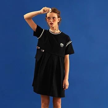 Design Original Vara Noi Femei Casual Rochie Neagra cu Maneci Scurte O de Gât Stil Preppy Fata de Moda Rochii de Bumbac