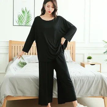 PLUS dimensiune acasă costume femei toamna anului nou liber cu mâneci lungi pijama set de două piese de nouă-punct de largi picior pantaloni de pijama sleepwear femme