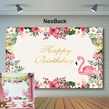 NeoBack Flamingo Tema Happy Birthday Fundal Flori Colorate Fundal Fotografie Petrecerea De Ziua Costom Fundaluri De Fotografie