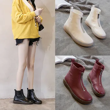 2020 Femei din Piele Glezna Cizme de Iarna Pentru Femei groase de Bumbac cu Fermoar Cizme Pantofi Retro Femeie de Vest Manual Încălțăminte