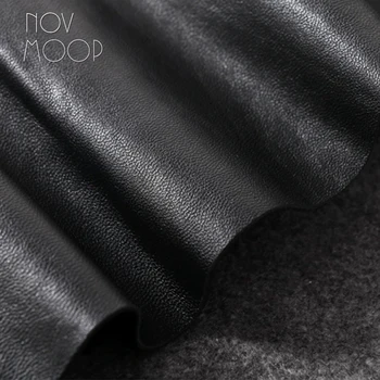 Novmoop Europa de moda toamna iarna din piele de oaie neagră din piele pentru femei rochie cu unduiri decor vestido de festa halat LT2892