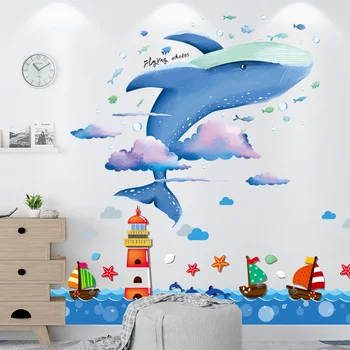 [SHIJUEHEZI] Desene animate Balena Animale de Nori Autocolante de Perete DIY Far Bărci Murală Decalcomanii pentru Copii, Camere Copii Dormitor Decor
