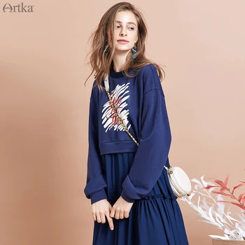 ARTKA 2019 Toamna Noi Femeile de Moda Rochie de Imprimare Șifon Împletit Două piese Fals Rochii Casual Tricou Rochie ZA15093Q