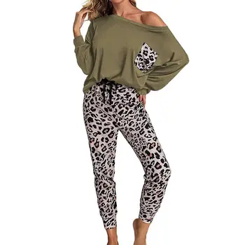 Un Umăr Leopard De Imprimare Femei Homewear Set O-Neck Maneca Lunga Talie Elastic De Sex Feminin Homewares 2020 Toamna Casual Ladies Seturi