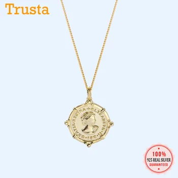 Trusta Monedă Colier Argint 925 cu Pandantiv Charm Aur Solid Femeile Capul Grava Colier 925 Bijuterii DS1553-22