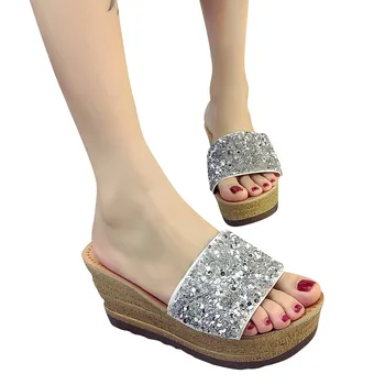 Vara Sandale pentru Femei Mid-toc Pene Sandale cu Platforma de Moda Paiete de mică adâncime Gura Papuci de femei pantofi Женская обувь