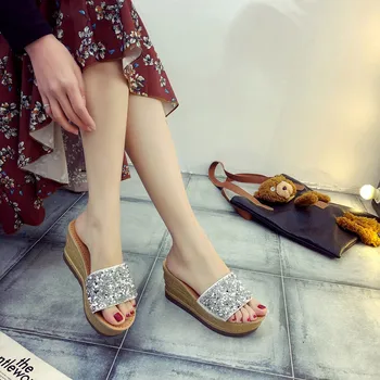 Vara Sandale pentru Femei Mid-toc Pene Sandale cu Platforma de Moda Paiete de mică adâncime Gura Papuci de femei pantofi Женская обувь