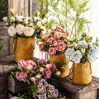 Tulpina lunga artificiale de trandafir flori de ramură pentru decorarea mare de flori și boboci de flori false acasă decor nunta alb faux flori