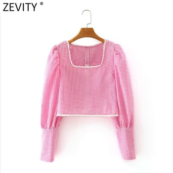 Zevity femei vintag pătrat guler carouri roz scurtă de imprimare bluza bluza lady chic curtea blusas dantelă margine tricou trunchiate topuri LS7004