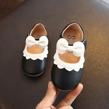 Pantofi fete din piele PU neagra mary jane cu flori albe arcul copii pantofi de bună calitate, solid mici copii fata de printesa pantofi