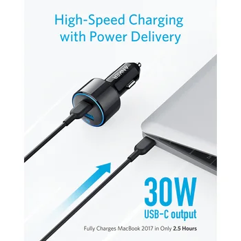 Anker 42W PowerDrive Viteza+ Duo,2 Port USB C Încărcător de Mașină,o Putere 30W Livrare Port pentru iPhone,iPad Pro,Galaxy,MacBook,LG, etc
