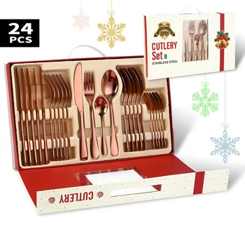 24BUC Aur Set de Cină de Crăciun tacamuri in Cutie de Cadou din Inox Tacamuri Set Cuțit, Furculiță, Lingură, mașină de spălat Vase Set de Tacâmuri