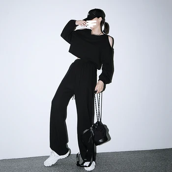 [MEM] Pantaloni Largi Picior, un Costum Nou de Gât Rotund Maneca Lunga Negru se Potrivesc Vrac de Femei de Moda, Valul de Primavara Toamna anului 2021 1Z022