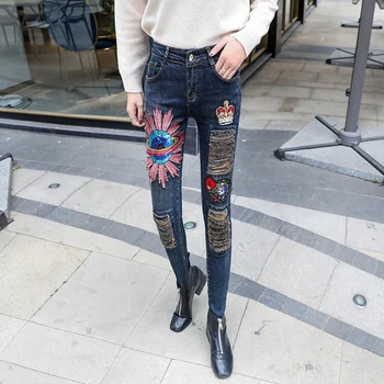 Moda Paiete Coroana Planeta Patch Blugi Pantaloni Sex Feminin Talie Înaltă, Din Denim Rupt Pantaloni Femei Casual Plus Dimensiune Blugi Pentru Femei