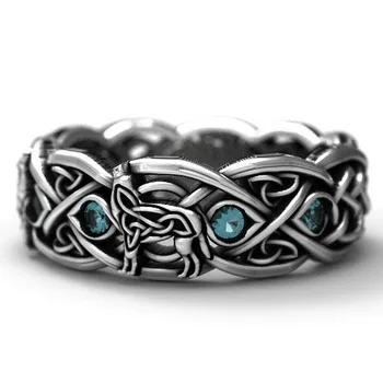 Zircon Albastru Retro Stil Celtic Lup Zircon Inel Wolf Totem Argint 925 Vopsit Negru Inel De Epocă De Piatră Argint Thai Ring