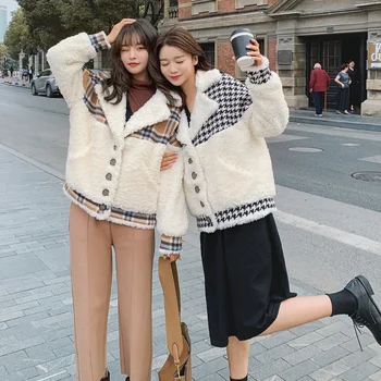 Femei iarna nou stil coreean vrac scurt matlasat haină de lână împletit houndstooth femei de moda de iarnă haină de lână 2020