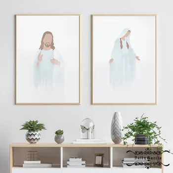 Fecioara Maria, Iisus Pictura Panza Printuri Religia Creștină Acuarelă Albastru Poster Minimalist Imagini pentru Arta de Perete Acasă Decor