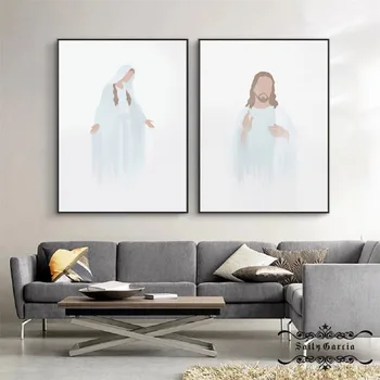 Fecioara Maria, Iisus Pictura Panza Printuri Religia Creștină Acuarelă Albastru Poster Minimalist Imagini pentru Arta de Perete Acasă Decor