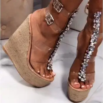 Dipsloot Fete PVC transparent Platforma Wedge Sandale de Vară de Moda Catarame Bling Bling Cristal Sandale cu Toc Înalt Pantofi de Femeie