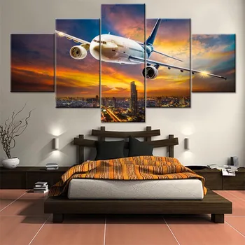 Tablou Canvas Decor Acasă 5 Bucati/Set Amurg în Oraș Mare Avion Poster Mare HD Tipărite Arta de Perete Modular Imaginile Pentru Camera de zi