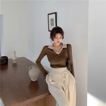 Pulover tricot pentru Femei Toamna Și Iarna Rever Negru cu mâneci Lungi Pulover Stil Leneș Sus 2021 Nou Externe Stil Interior Cămașă de Bază