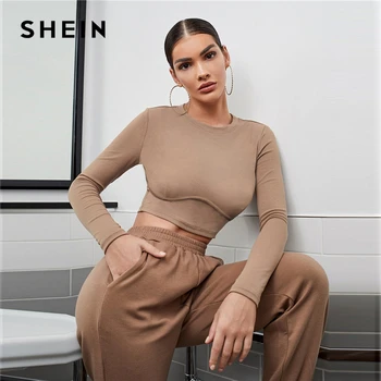 SHEIN Kaki Solide Montate Cusătură Față Crop Top pentru Femei Toamna Bază Tricou Rotund Gat cu Maneci Lungi Skinny Casual T-shirt