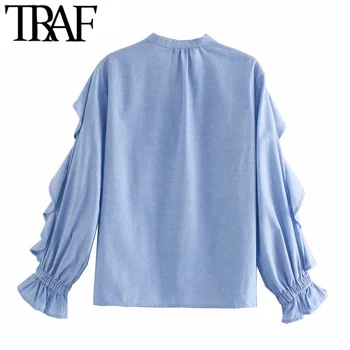 TRAF de Moda pentru Femei Cu Zburli Ornamente Bluze Largi Vintage cu Maneci Lungi Buton-up Feminin Tricouri Blusas Topuri Chic