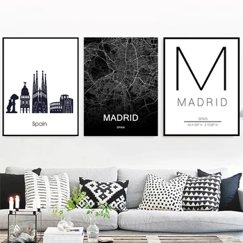 Spania, Madrid arată Hartă Artă Călătorie de Imprimare Poster Alb-Negru Panza Pictura Perete Cameră Decor Mural Nordic Cameră Decor