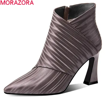 MORAZORA 2020 New sosire piele naturala cizme groase, tocuri ascuțite toe glezna cizme toamna iarna femei cizme negre