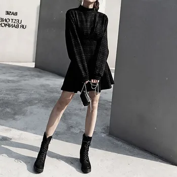 2020 Primăvară Femei Vintage Rochie Mini cu Maneca Lunga Carouri O căptușite Punk Stil Gotic Rochii pentru Fete Gotice sex Feminin Retro cu Talie Înaltă