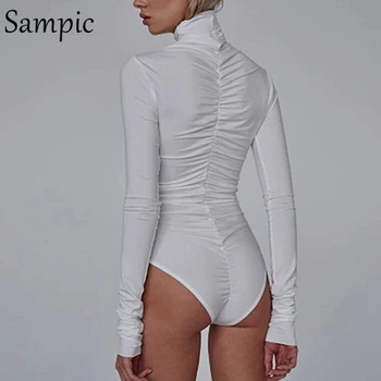 Sampic Toamna Anului 2020 Femei Cu Maneci Lungi De Bază Alb-Negru Body Topuri Guler Ruched Corp Sexy Topuri Bodycon Scurt Vladan