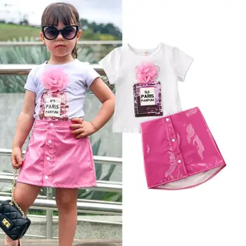 De vară pentru Copii Baby Girl Haine Seturi 1-5A Maneci Scurte 3D Flori Topuri Tee Piele-Linie Fuste Costum Sunsuit