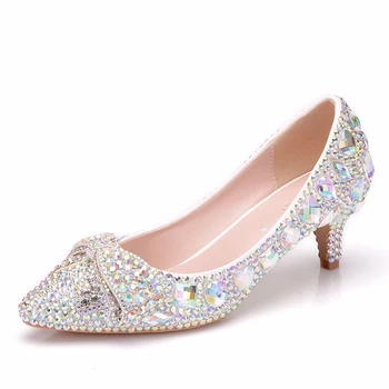 2019 Nou Designer de Femei Pompe Papion Stras 5cm Subliniat Toe Pantofi de Nunta Bling Bling AB Cristal Cenusareasa la Bal Pantofi de Partid