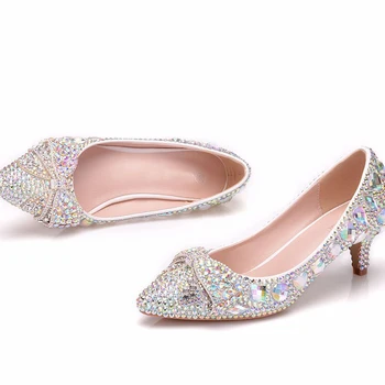 2019 Nou Designer de Femei Pompe Papion Stras 5cm Subliniat Toe Pantofi de Nunta Bling Bling AB Cristal Cenusareasa la Bal Pantofi de Partid