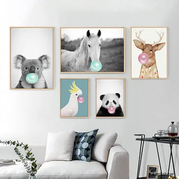 Guma De Mestecat Panda Cal Animale Postere Tablouri Canvas Wall Art Pepinieră Imagini Decorative Printuri Camera Pentru Copii Decor De Arta