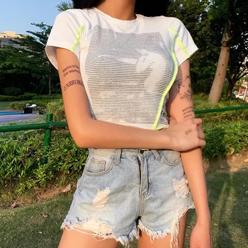 WannaThis Lipitură O-Gat Maneci Scurte T shirt Aysmmetric Tiv Model Imprimat Slim Crop Top Casual de Vara Streetwear Tricou Femei