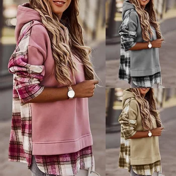 2021 primăvară, Iarna Lunga cu Gluga Pulover Femei Carouri Patchwork Print Hanorac Tricou Vintage liber Maneca Lunga Streetwear Sus