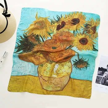 Femei Eșarfă Pătrat eșarfe Van Gogh Pictura in Ulei de Floarea-soarelui Imprimate Eșarfă de Mătase Femei șaluri de Păr Fată Eșarfă Cravată bandană
