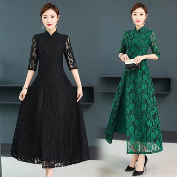 2020 Nou Primavara-Vara Pentru Femei Rochie De Înaltă Calitate Elegant Dantelă Florale Rochie Lunga Stil Chinezesc Epocă Îmbunătățit Cheongsam Dressup