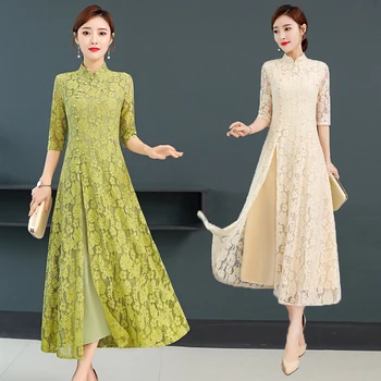 2020 Nou Primavara-Vara Pentru Femei Rochie De Înaltă Calitate Elegant Dantelă Florale Rochie Lunga Stil Chinezesc Epocă Îmbunătățit Cheongsam Dressup
