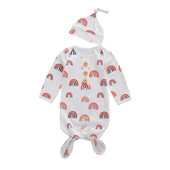 Nou-născut Curcubeu Colorate de Imprimare Saci de Dormit Costum Copil cu Maneci Lungi Rotunde Gât Sac de Dormit pentru Sugari Pătură Și Pălărie Seturi de 2 buc