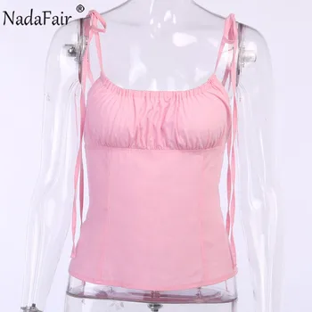 Nadafair Spatele Gol Femei Camis Pătrat Guler Întinde Cutat Solid Crop Topuri Roz Casual De Vara Sexy Rezervor Topuri Pentru Femei Streetwear