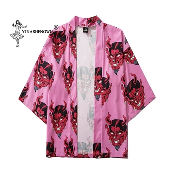 Japoneze Demon Imprimare Femei Harajuku Cardigan Kimono De Vara Tricou Vrac Topuri Casual Om Kimono Coat Halat Yukata Plaja