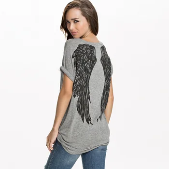 Noua primavara-vara tricouri femei unice aripi de înger înapoi imprimare maneci scurte largi tricou doamnelor girl t shirt G1072