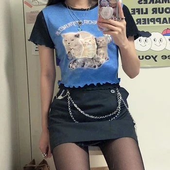 InsDoit Punk Streetwear Animal Print cu Maneci Scurte T Shirt Gotic Negru Albastru Mozaic O de Gât Tricou Harajuku Casual T-shirt
