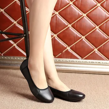 OUKAHUI Clasic din Piele de Balet Pantofi Plat Femeie Rotund Deget de la picior Negru Solid Superficial Moale Munca de Birou Gravide Pantofi de Femeie Plat