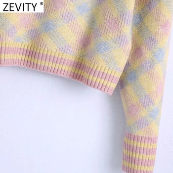 Zevity 2021 Primăvară Femei Pur Și Simplu De Imprimare Geometrice Pulover Tricotat Feminin Chic Umăr Nasturi De Diamant Casual, Pulovere Topuri S604