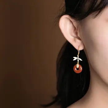 Nouă de Argint Încrustat Roșu Calcedonie Cataramă de Siguranță Email porțelan Cercei Retro Stil Chinezesc de Lux Nobil Femei Bijuterii
